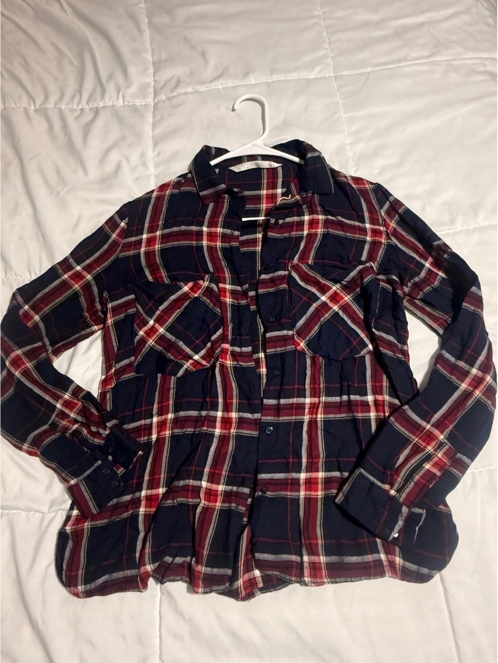 Zara Trafaluc Navy and Red Plaid Button-Up Shirt‎ Size S